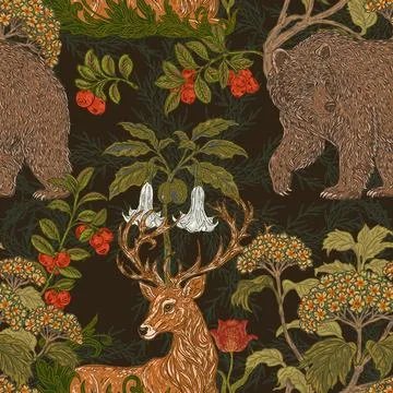 Seamless forest pattern. a hand-drawn botanical illustration featuring a bear Stock Illustration