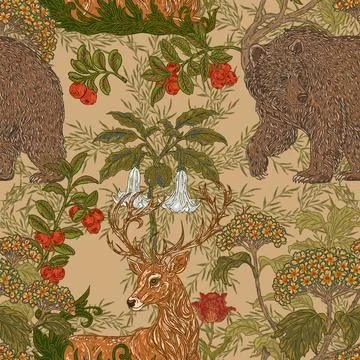 Seamless forest pattern. a hand-drawn botanical illustration featuring a bear Stock Illustration