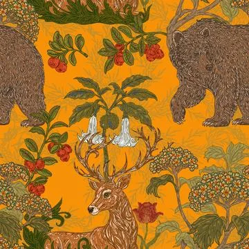 Seamless forest pattern. a hand-drawn botanical illustration featuring a bear Stock Illustration