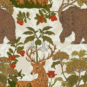 Seamless forest pattern. a hand-drawn botanical illustration featuring a bear Stock Illustration