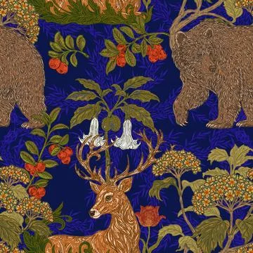 Seamless forest pattern. a hand-drawn botanical illustration featuring a bear Stock Illustration