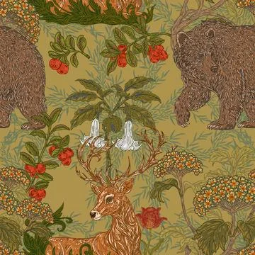 Seamless forest pattern. a hand-drawn botanical illustration featuring a bear Illustration