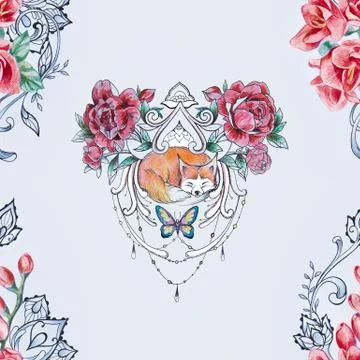 Seamless fox pattern in flowers and freesia on a white background. Stock Illustration