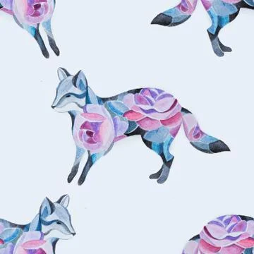 Seamless fox pattern in flowers on a white background. Stock Illustration