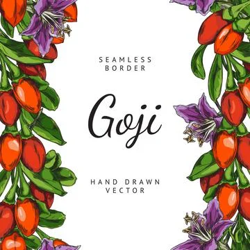 Seamless frame with an empty space for text, hand-drawn with red goji berries on 스톡 일러스트