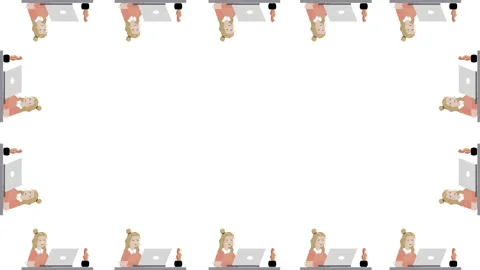 Seamless frame pattern of cartoon female with laptop on white background in 4k Stock Footage 147435733