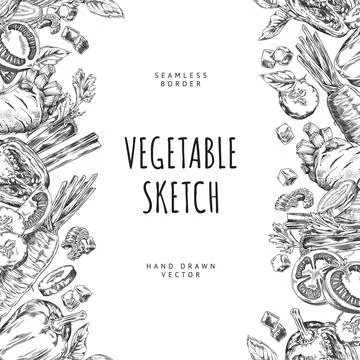 Seamless frame with a place for text with hand-drawn vegetables: tomato, celery Stock Illustration