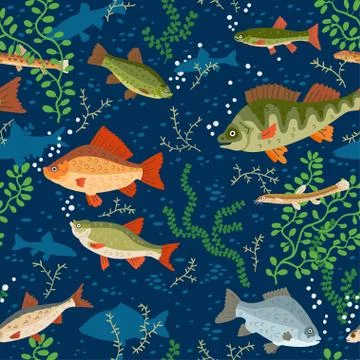 Seamless freshwater fish pattern. A vector seafood Stock Illustration