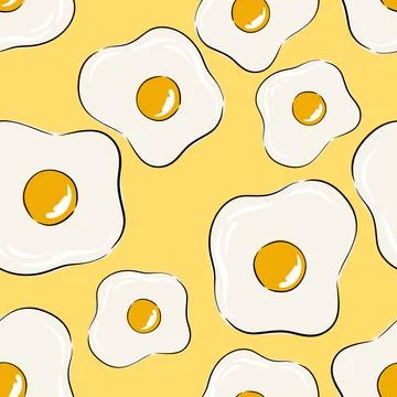 Seamless fried egg pattern with yellow background and hand drawn food Stock Illustration