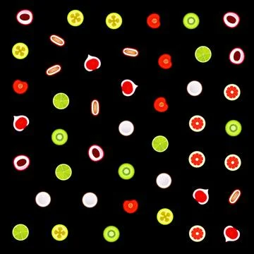 Seamless fruit and vegetables pattern on black background. Minimalistic 스톡 사진