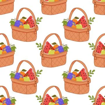 Seamless fruit basket pattern with fresh summer harvest Stock Illustration