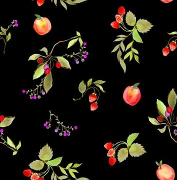 Seamless fruit orchard pattern. Vintage flowers on black background. Stock Illustration