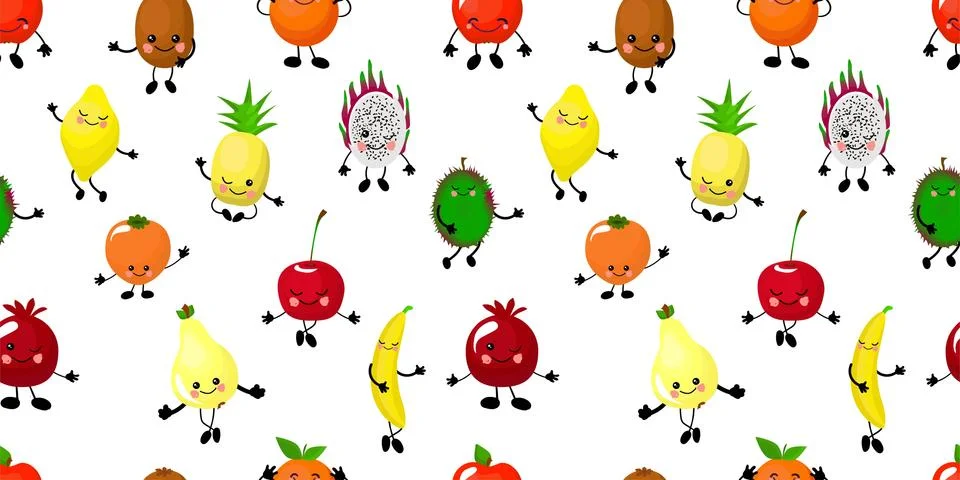 SEAMLESS fruit pattern apple, pear, persimmon, pitaya and durian. Orange and  Stock Illustration