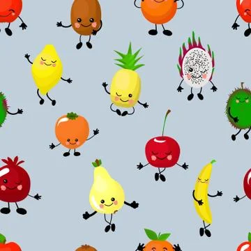 SEAMLESS fruit pattern apple, pear, persimmon, pitaya and durian. Orange and  Stock Illustration