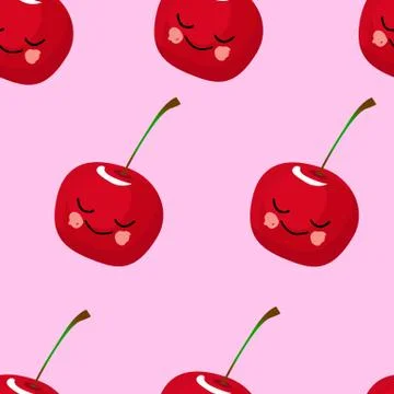 SEAMLESS fruit pattern cherry red Funny cute faces character. Kitchen textile Stock Illustration