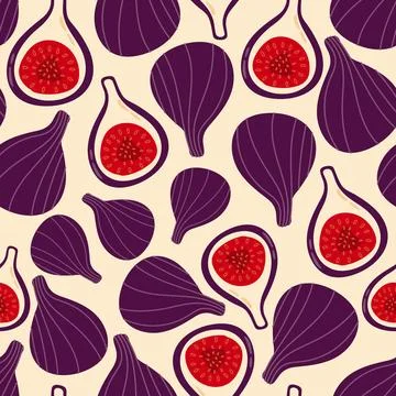 Seamless fruit pattern figs on a light yellow background, hand drawn ornament Stock Illustration