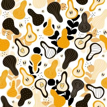 Seamless fruit pattern orange and black pear with leaves on a white backgroun Stock Illustration