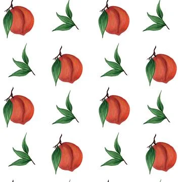 Seamless fruit pattern with peaches, apricots, nectarines and green leaves on Illustrazione stock