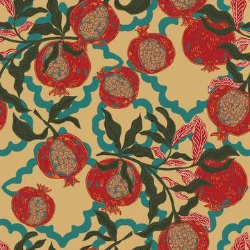 Seamless fruit pattern with pomegranates and leaves. Vintage style, hand draw Stock Illustration