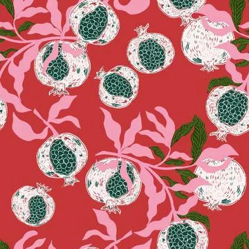 Seamless fruit pattern with pomegranates and leaves. Vintage style, hand draw イラスト素材