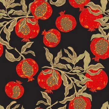 Seamless fruit pattern with pomegranates and leaves. Vintage style, hand draw Stock Illustration