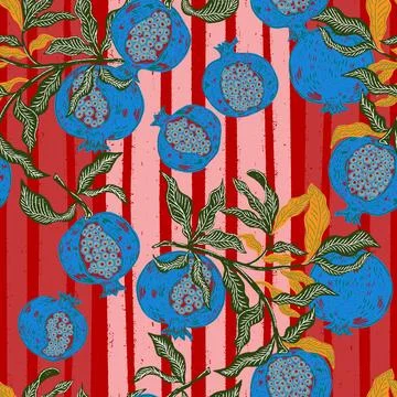 Seamless fruit pattern with pomegranates and leaves. Vintage style, hand draw Stock Illustration