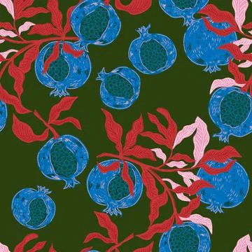 Seamless fruit pattern with pomegranates and leaves. Vintage style, hand draw Stock Illustration