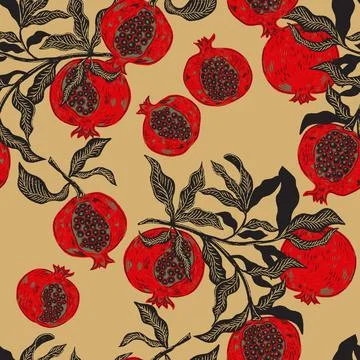 Seamless fruit pattern with pomegranates and leaves. Vintage style, hand draw Illustrazione stock