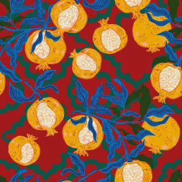 Seamless fruit pattern with pomegranates and leaves. Vintage style, hand draw Stock Illustration