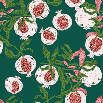 Seamless fruit pattern with pomegranates and leaves. Vintage style, hand draw Illustrazione stock
