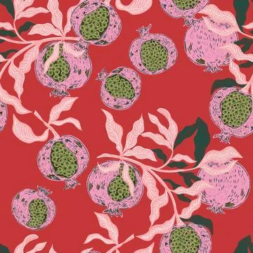 Seamless fruit pattern with pomegranates and leaves. Vintage style, hand draw Stock Illustration