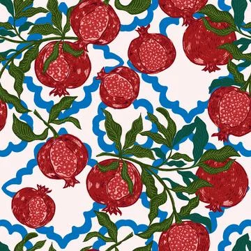 Seamless fruit pattern with pomegranates and leaves. Vintage style, hand draw Illustrazione stock