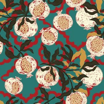 Seamless fruit pattern with pomegranates and leaves. Vintage style, hand draw Illustrazione stock