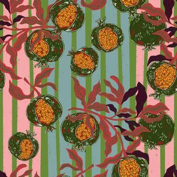 Seamless fruit pattern with pomegranates and leaves. Vintage style, hand draw Illustrazione stock