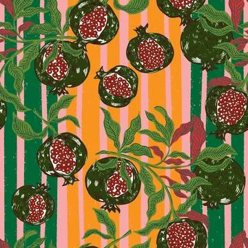 Seamless fruit pattern with pomegranates and leaves. Vintage style, hand draw Illustrazione stock