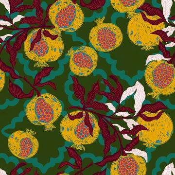 Seamless fruit pattern with pomegranates and leaves. Vintage style, hand draw 스톡 일러스트