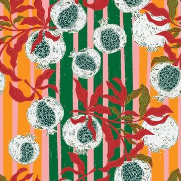 Seamless fruit pattern with pomegranates and leaves. Vintage style, hand draw イラスト素材