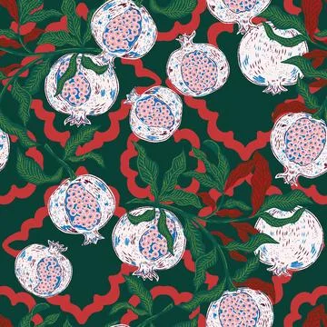 Seamless fruit pattern with pomegranates and leaves. Vintage style, hand draw イラスト素材