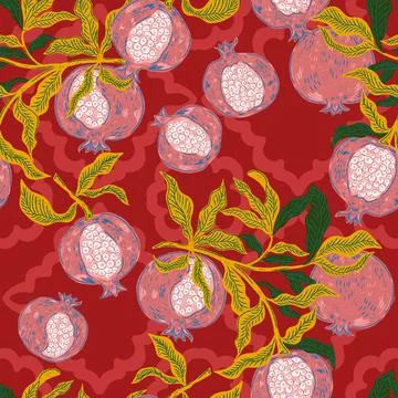 Seamless fruit pattern with pomegranates and leaves. Vintage style, hand draw Illustrazione stock