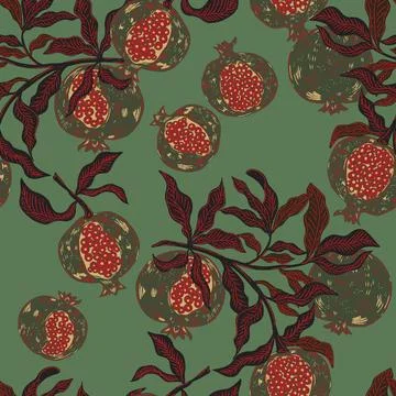Seamless fruit pattern with pomegranates and leaves. Vintage style, hand draw Illustrazione stock