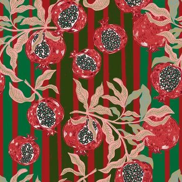 Seamless fruit pattern with pomegranates and leaves. Vintage style, hand draw Illustrazione stock