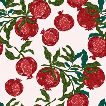 Seamless fruit pattern with pomegranates and leaves. Vintage style, hand draw Illustrazione stock