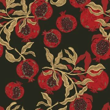 Seamless fruit pattern with pomegranates and leaves. Vintage style, hand draw イラスト素材
