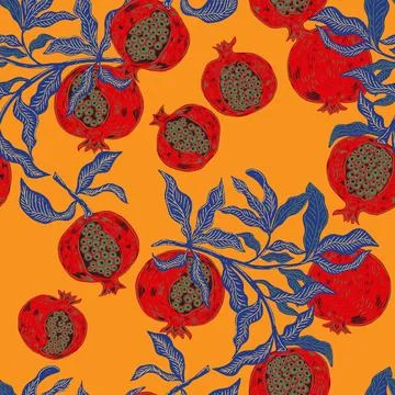 Seamless fruit pattern with pomegranates and leaves. Vintage style, hand draw イラスト素材