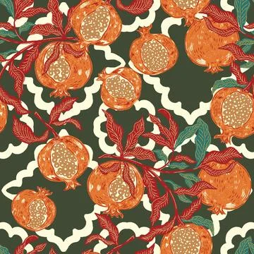 Seamless fruit pattern with pomegranates and leaves. Vintage style, hand draw Stock Illustration