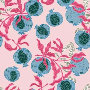 Seamless fruit pattern with pomegranates and leaves. Vintage style, hand draw Stockillustratie