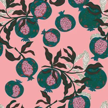 Seamless fruit pattern with pomegranates and leaves. Vintage style, hand draw Stock Illustration