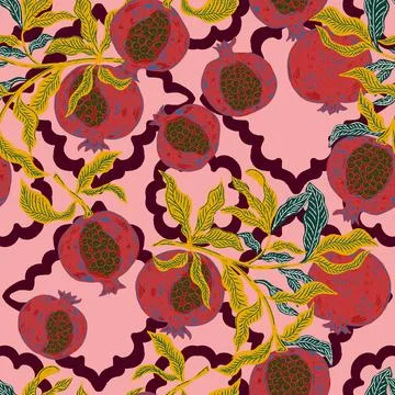 Seamless fruit pattern with pomegranates and leaves. Vintage style, hand draw Illustrazione stock