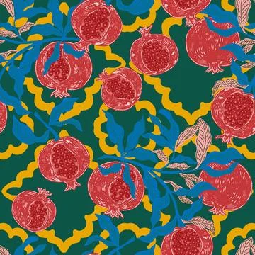 Seamless fruit pattern with pomegranates and leaves. Vintage style, hand draw Illustrazione stock
