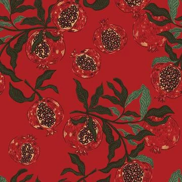 Seamless fruit pattern with pomegranates and leaves. Vintage style, hand draw Illustrazione stock